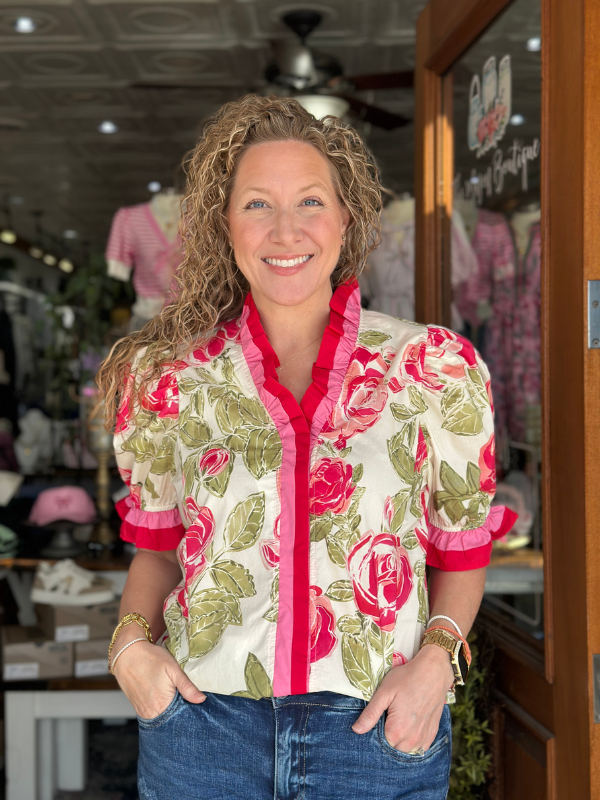 Cream & Pink Floral Ruffle Snap Button Top