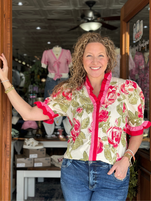 Cream & Pink Floral Ruffle Snap Button Top