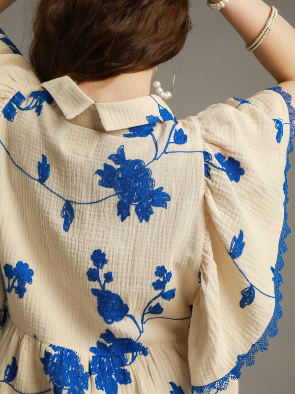 Cream + Royal Blue Embroidered Top