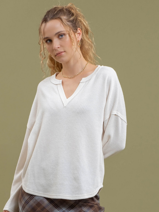 Cream V-Neck Knit Top - Themasonboutique