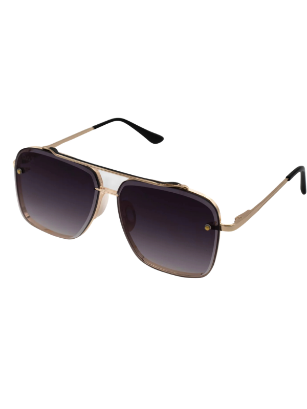 Gold-framed sunglasses with dark lenses on a white background