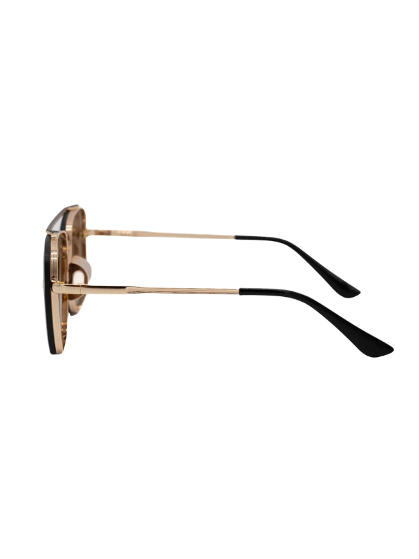 Gold-framed sunglasses with black arms on a white background