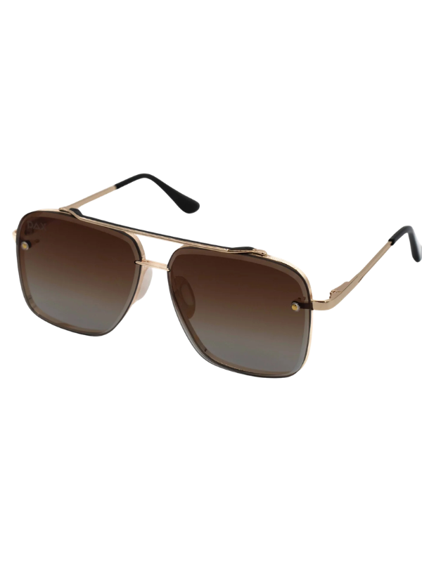 Gold-framed sunglasses with brown gradient lenses on a white background