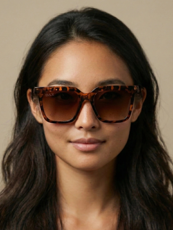 woman wearing sunglasses with brown cheetah frames and brown lenses