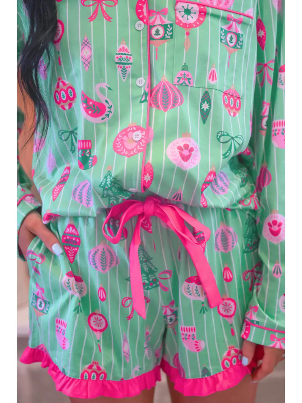 woman wearing a Decked in Ornaments Ruffle Pajama Set