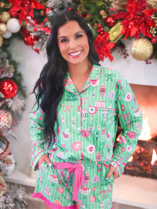 woman wearing a Decked in Ornaments Ruffle Pajama Set
