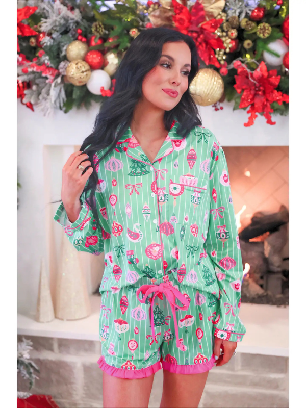 woman wearing a Decked in Ornaments Ruffle Pajama Set