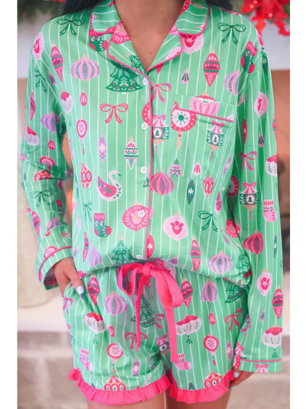 woman wearing a Decked in Ornaments Ruffle Pajama Set