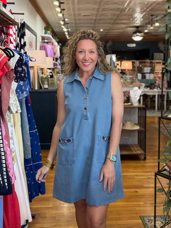 Denim Buckle Pocket Mini Dress - Themasonboutique