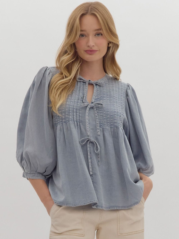 Light Wash Tencel Bow Top - Themasonboutique