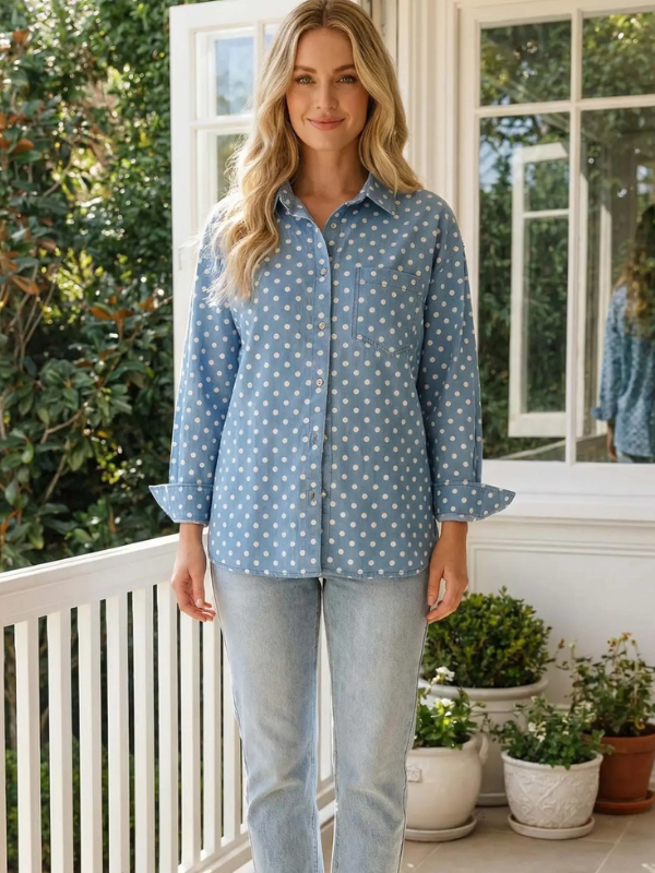 Woman wearing a blue polka dot shirt and light jeans on a porch with plants and a window in the background.