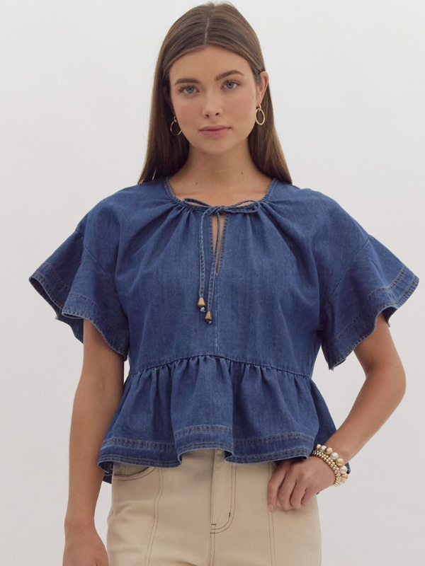 Denim Ruffle Sleeve Peplum Top - Themasonboutique