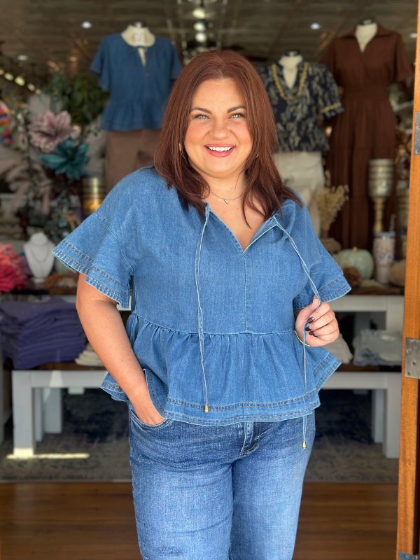 Denim Ruffle Sleeve Peplum Top - Themasonboutique