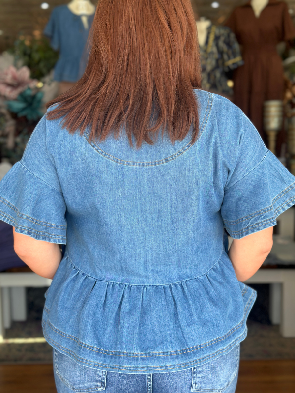 Denim Ruffle Sleeve Peplum Top - Themasonboutique