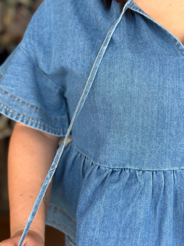 Denim Ruffle Sleeve Peplum Top - Themasonboutique