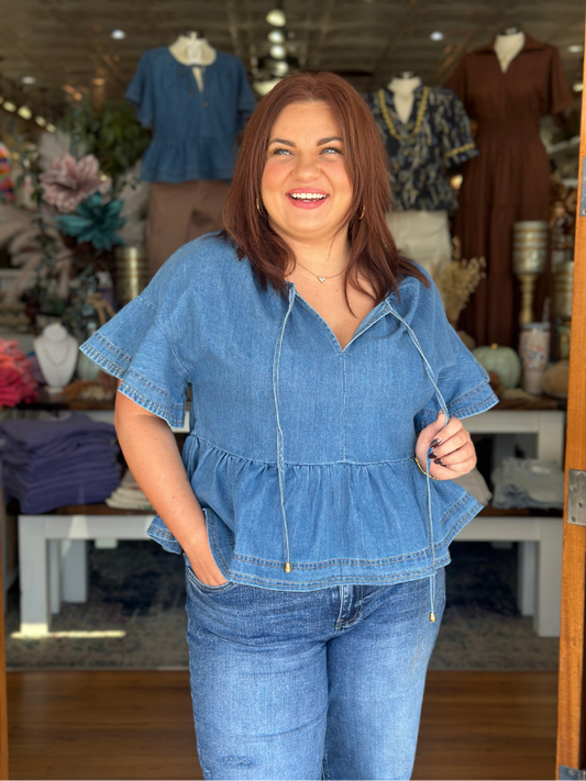 Denim Ruffle Sleeve Peplum Top - Themasonboutique