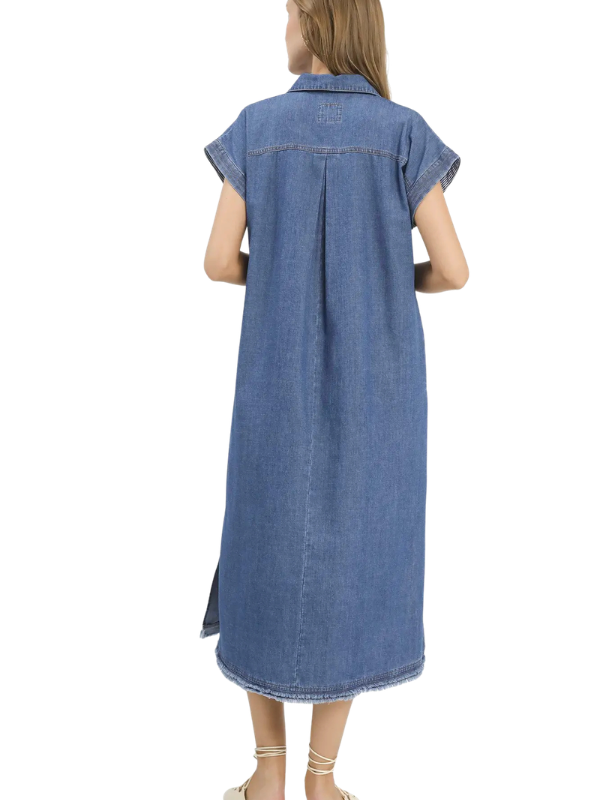 A woman viewed from the back wearing a medium-wash blue denim midi dress with short sleeves, a pointed collar, and a front button closure, set against a plain white background.