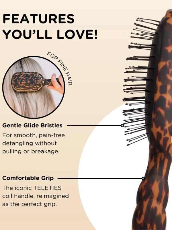 Leopard print hairbrush with features highlighted on a beige background