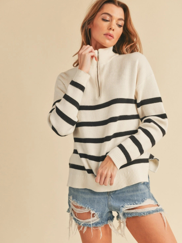 Ecru & Black Stripe 1/4 Zip Sweater