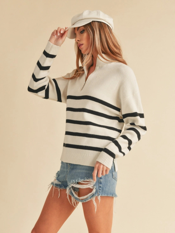 Ecru & Black Stripe 1/4 Zip Sweater