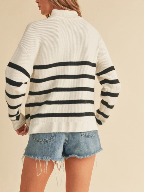 Ecru & Black Stripe 1/4 Zip Sweater