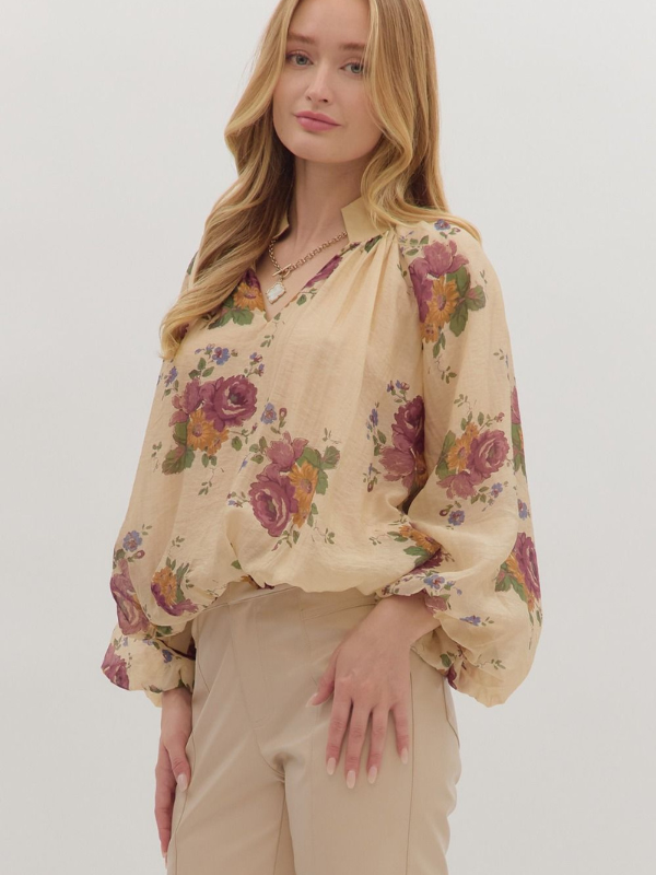 Ecru Floral Bubble Hem Top