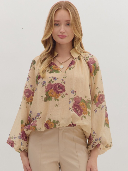 Ecru Floral Bubble Hem Top