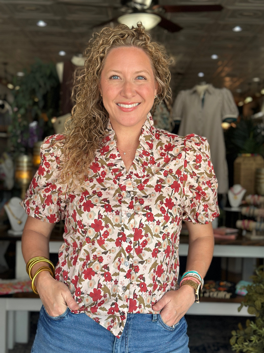 Ecru Floral Bubble Sleeve Top