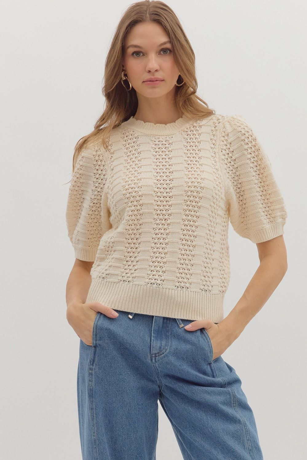 Ecru Short Sleeve Knit Pullover Sweater