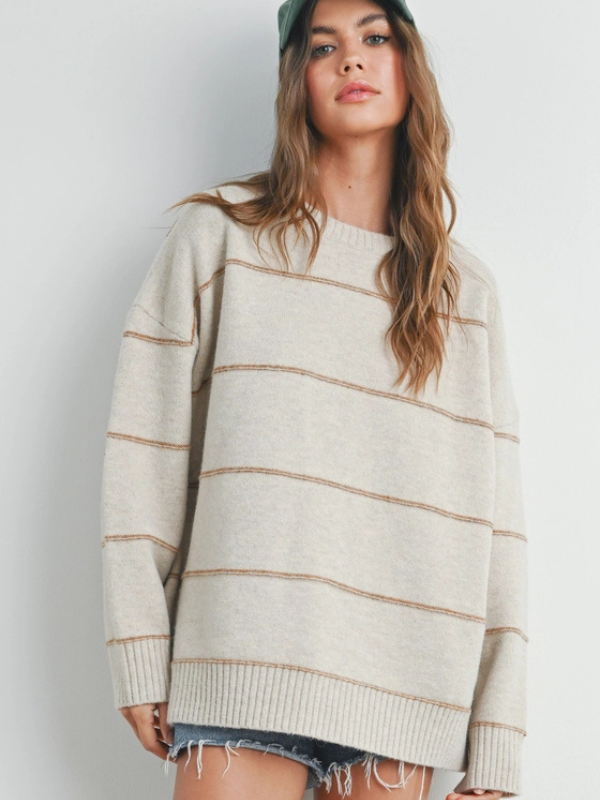 Ecru & Taupe Thin Stripe Sweater - Themasonboutique