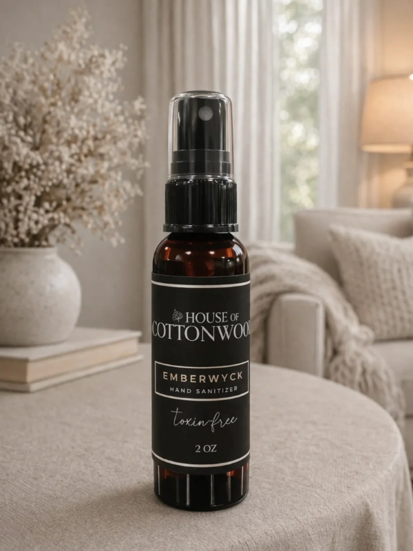 Hand sanitizer bottle labeled 'House of Cottonwood' on a surface with a blurred indoor background