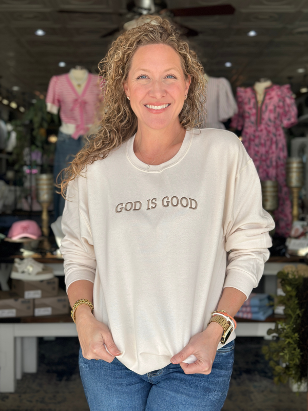 Embroidered God Is Good Cream Sweatshirt