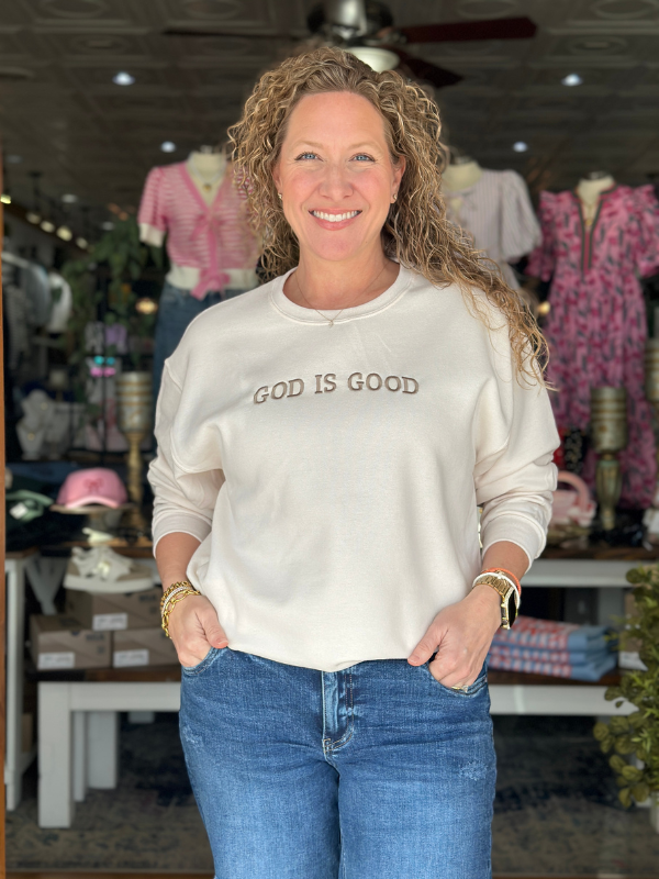 Embroidered God Is Good Cream Sweatshirt