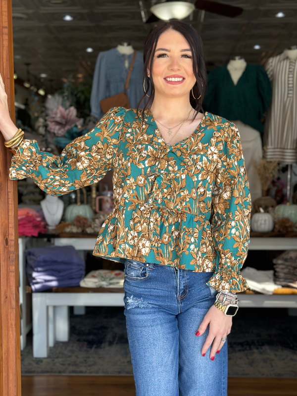 Emerald Floral Peplum Top - Themasonboutique