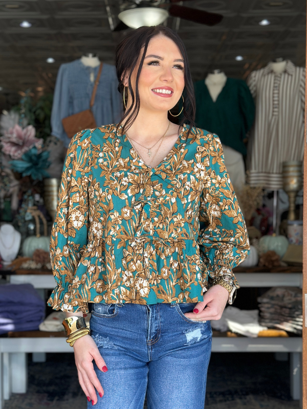 Emerald Floral Peplum Top - Themasonboutique