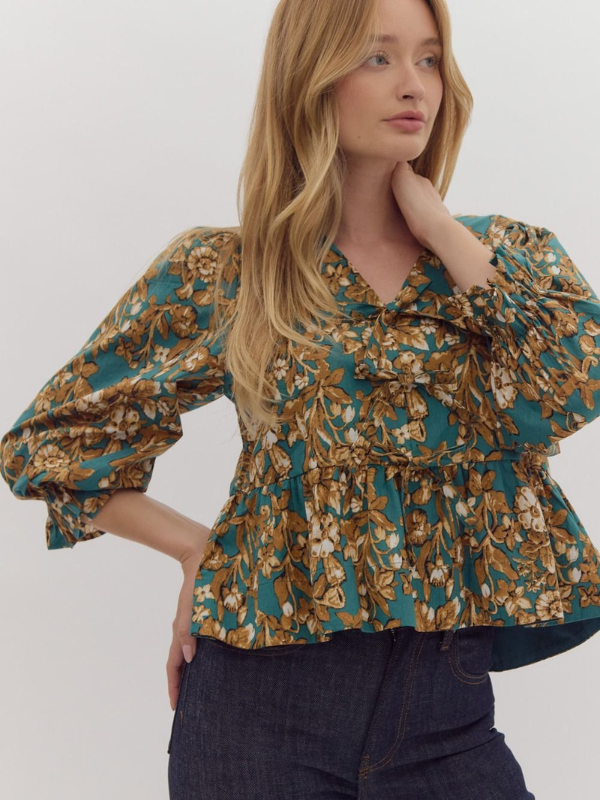 Emerald Floral Peplum Top - Themasonboutique