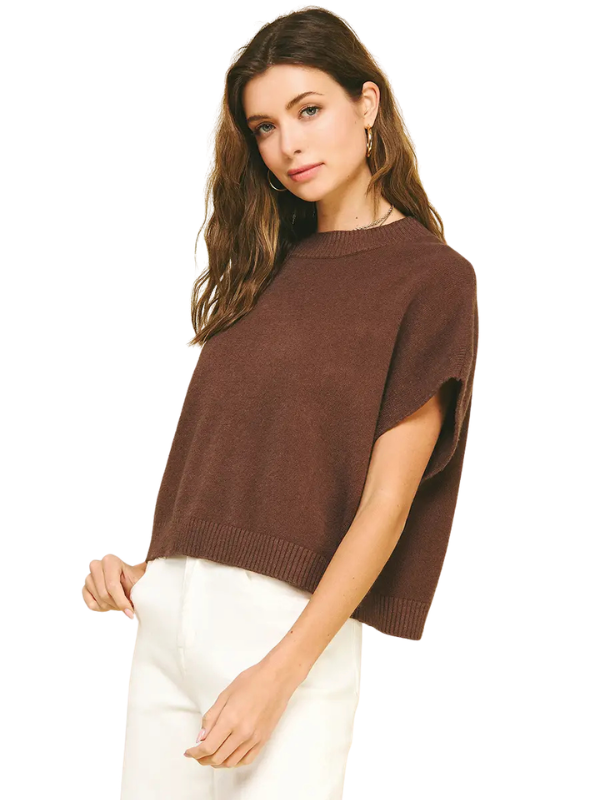A woman modeling a brown short-sleeve knit sweater with a crew neck and ribbed hem, paired with white pants, against a plain white background.
