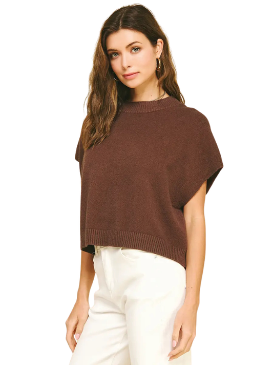 A woman modeling a brown short-sleeve knit sweater with a crew neck, paired with white pants, against a plain white background.