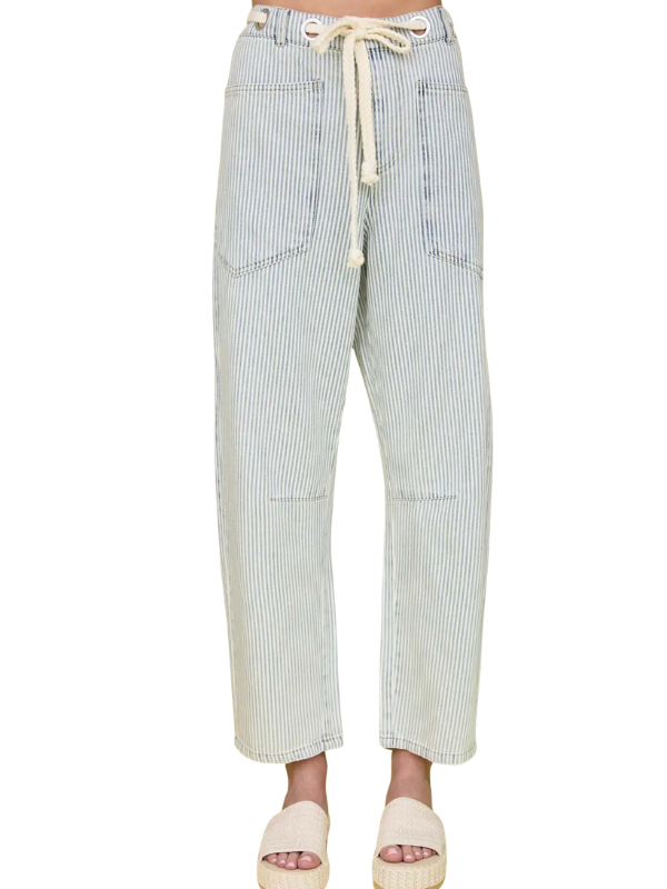 Light blue and white striped pants with a drawstring on a white background