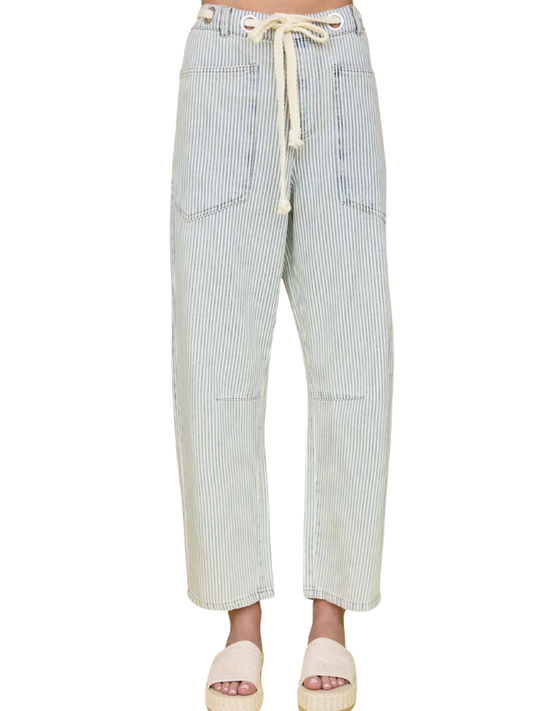 Light blue and white striped pants with a drawstring on a white background
