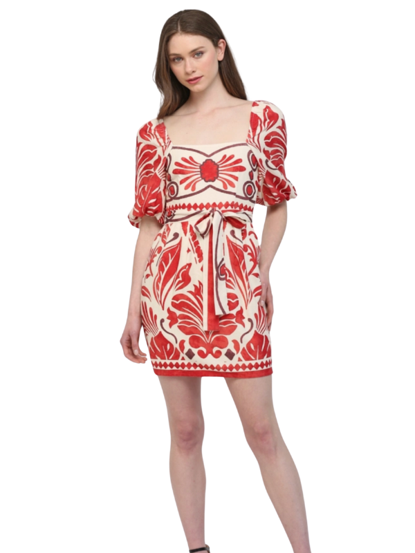 Woman wearing a red and white patterned dress on a white background