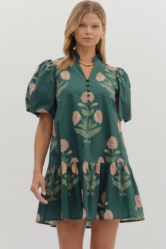 Floral Short Bubble Sleeve Mini Dress