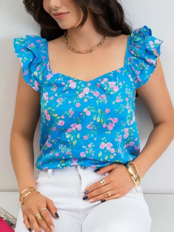 Floral Sweetheart Neck Ruffle Sleeve Top - Themasonboutique