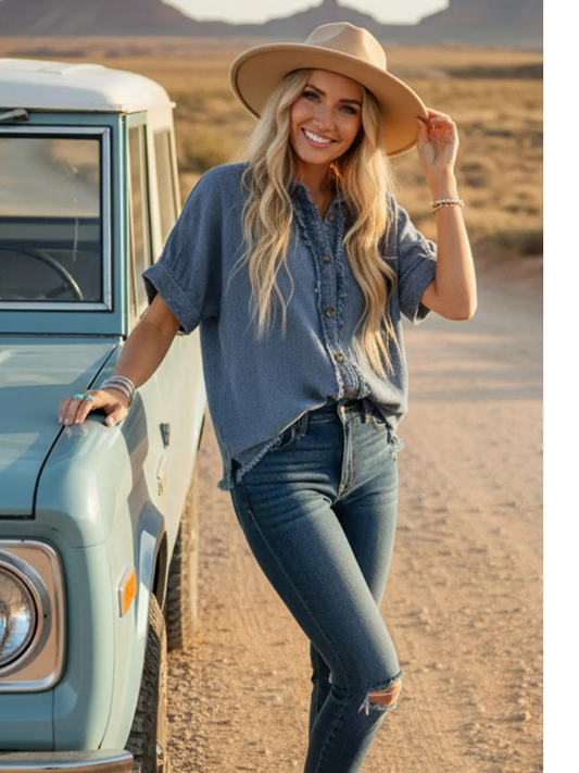 Frayed Trim Denim Button Top - Themasonboutique