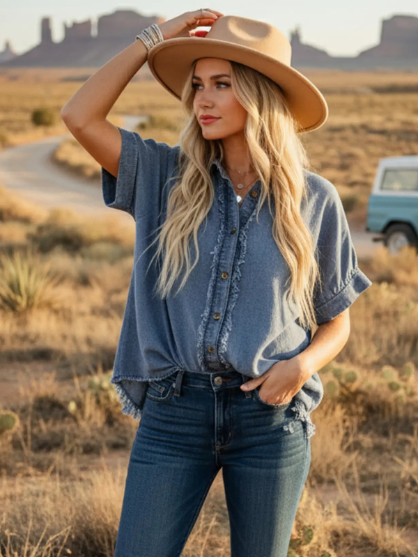 Frayed Trim Denim Button Top - Themasonboutique