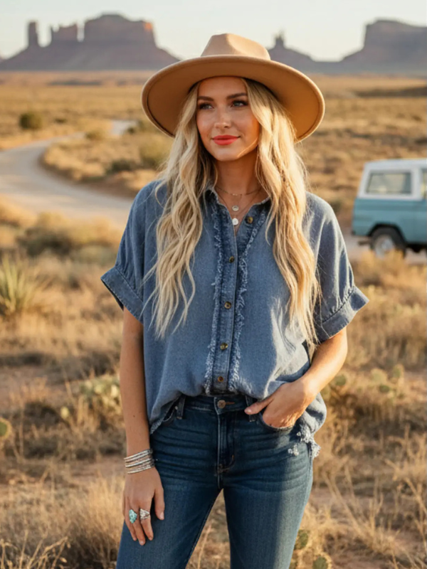 Frayed Trim Denim Button Top - Themasonboutique