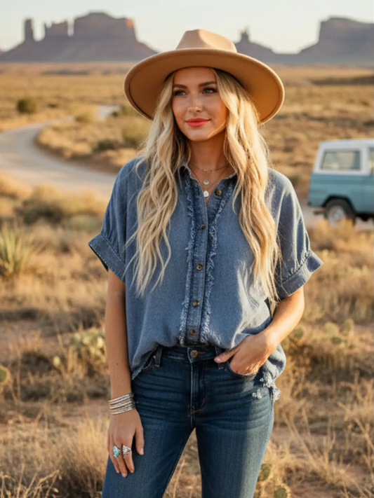 Frayed Trim Denim Button Top - Themasonboutique