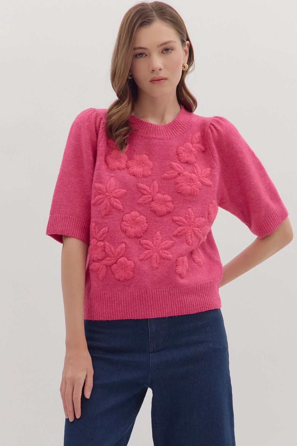 Fuchsia Flower 3/4 Sleeve Top
