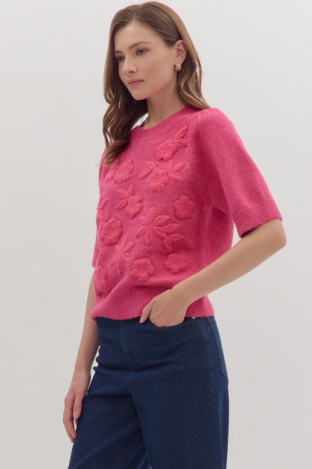 Fuchsia Flower 3/4 Sleeve Top