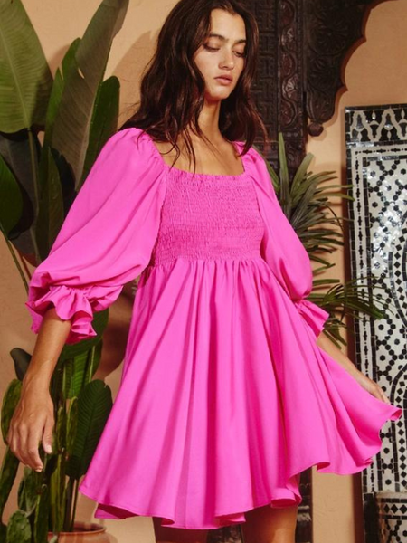 Fuchsia Puff Sleeve Mini Dress - Themasonboutique